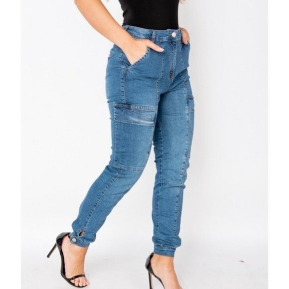 Blue High Waist Denim Jeans Cargo Utility Joggers Jogger Pants - Picture 7 of 11